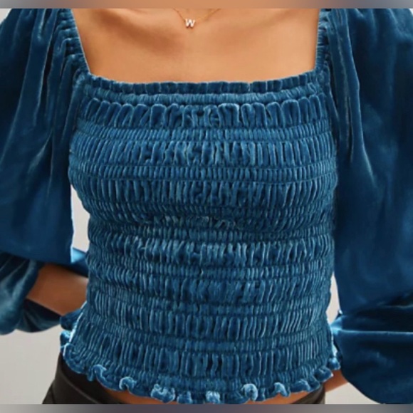 Anthropologie Blue Puff Sleeved Velvet Long Sleeve Blouse size Medium - Picture 2 of 10